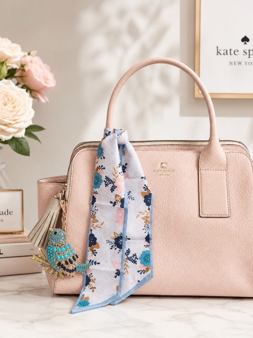 kate spade Blush Pink Pebbled Leather Satchel with Floral Scarf and Bird Charm